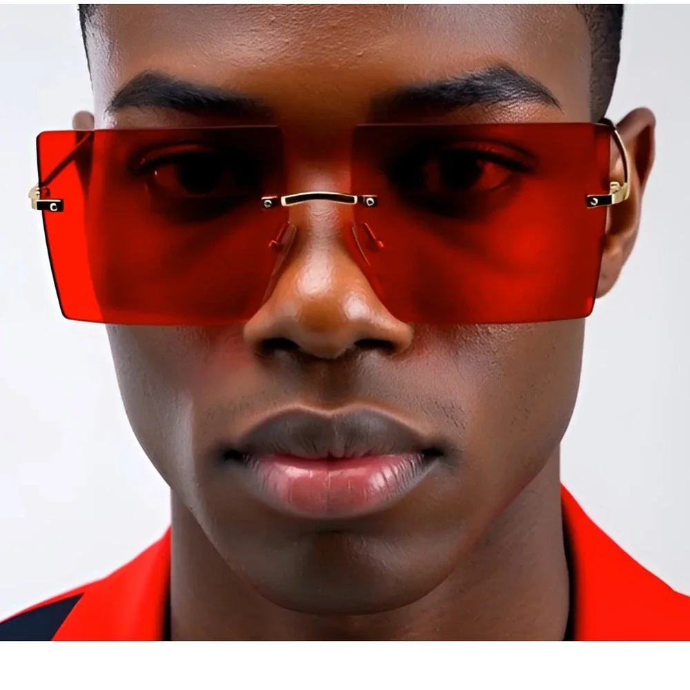 Men Square Sunglasses Rimless Red Lens Gold Frame‎ Fashion Sun Glasses  Lentes